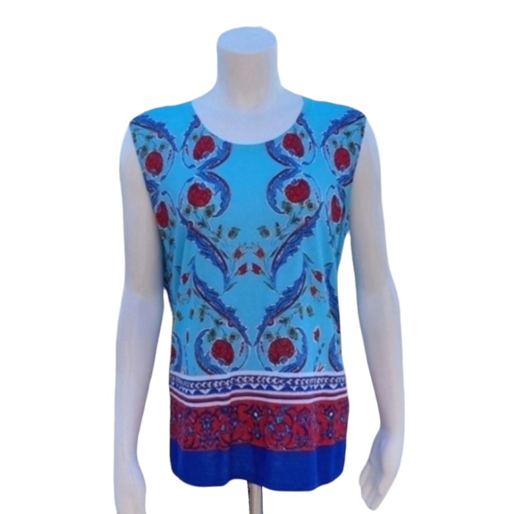 ESCADA Majorca Fantasy Floral Sleeveless Blouse L Silk Blend Resort Luxury Top - Picture 5 of 16